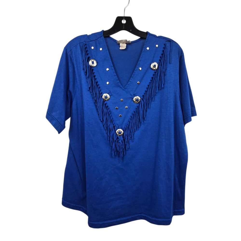 Vintage 80s 90S Western Rodeo T-Shirt Concho Fringe Women's 18 Blue Cowgirl